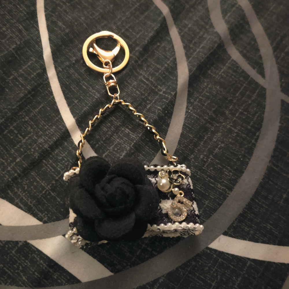 Black Floral Keychain with Gold Accents
